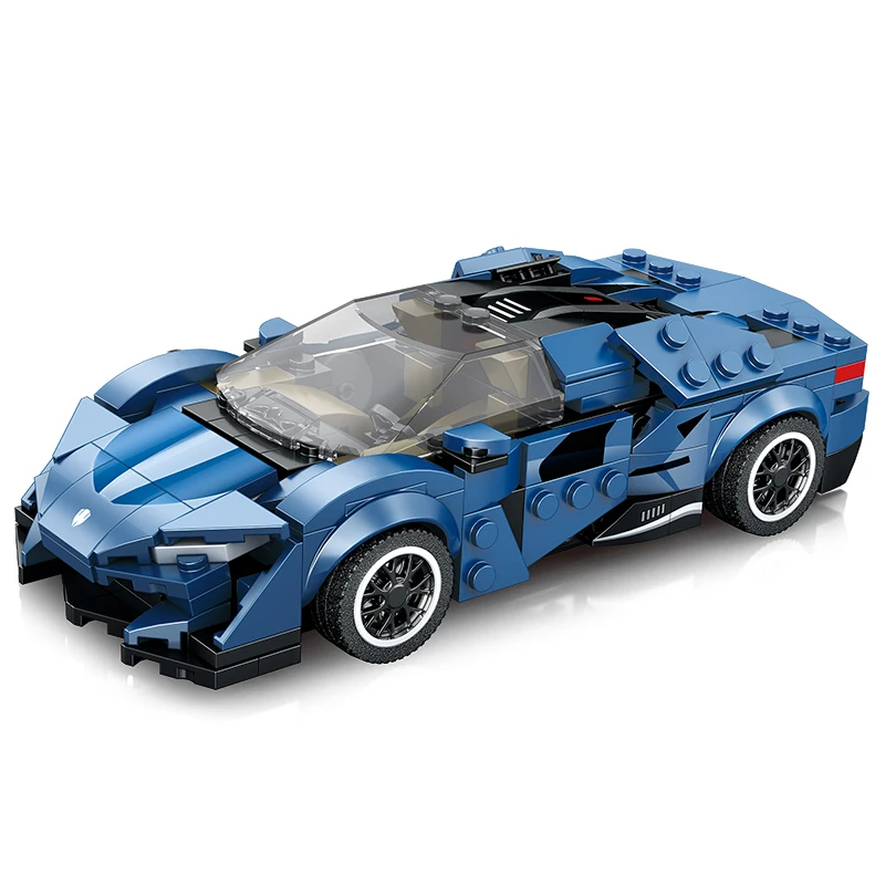 Bricks Box Supercar in dark blue, made from LEGO-style bricks with a sleek and aerodynamic design.