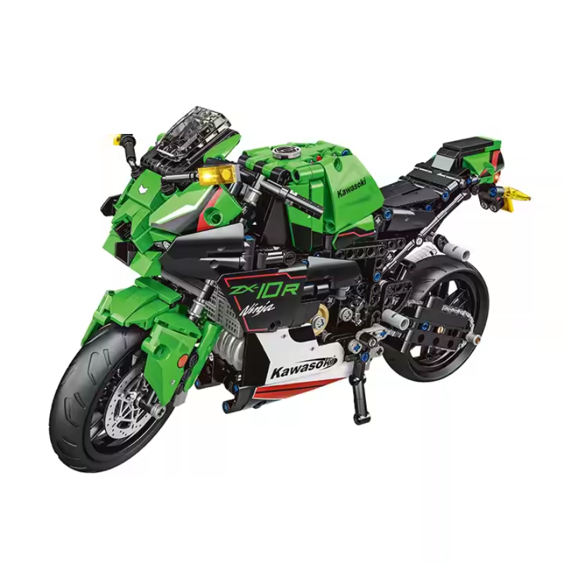 Bricks Box Pro Build green motorbike made from LEGO-style bricks with advanced detailing and realistic mechanical features.