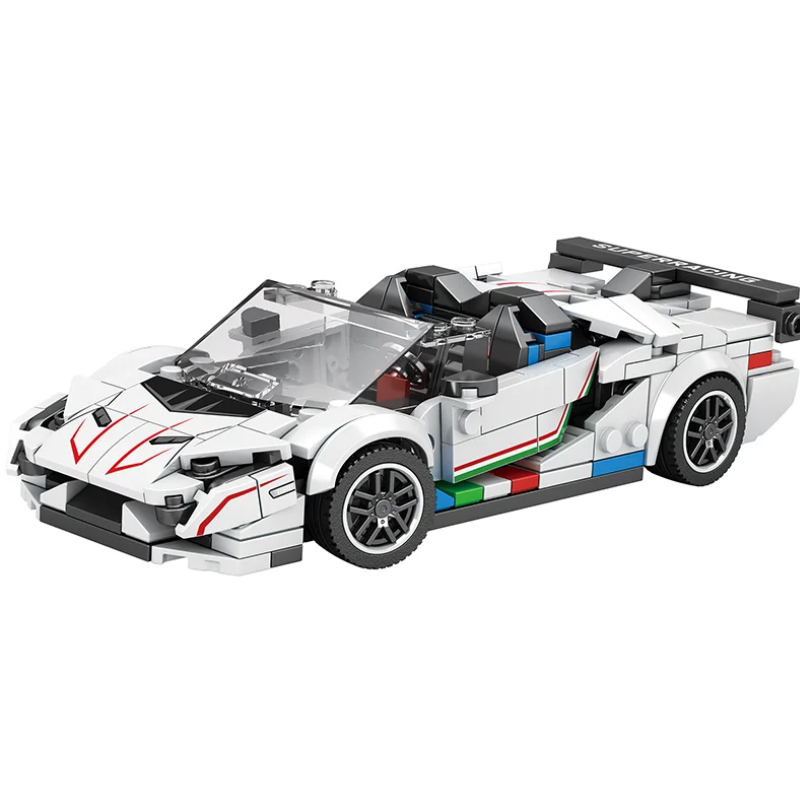 Bricks Box Supercar in white, made from LEGO-style bricks with a sleek and aerodynamic design.