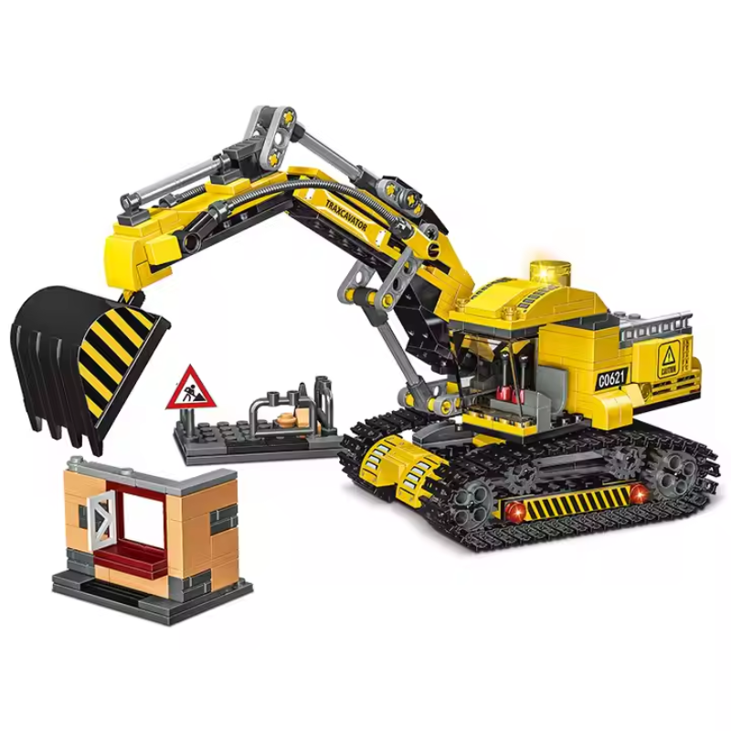 Bricks Box City 2-in-1 digger set made from LEGO-style bricks, featuring two buildable construction vehicle options with working arms and tracks.