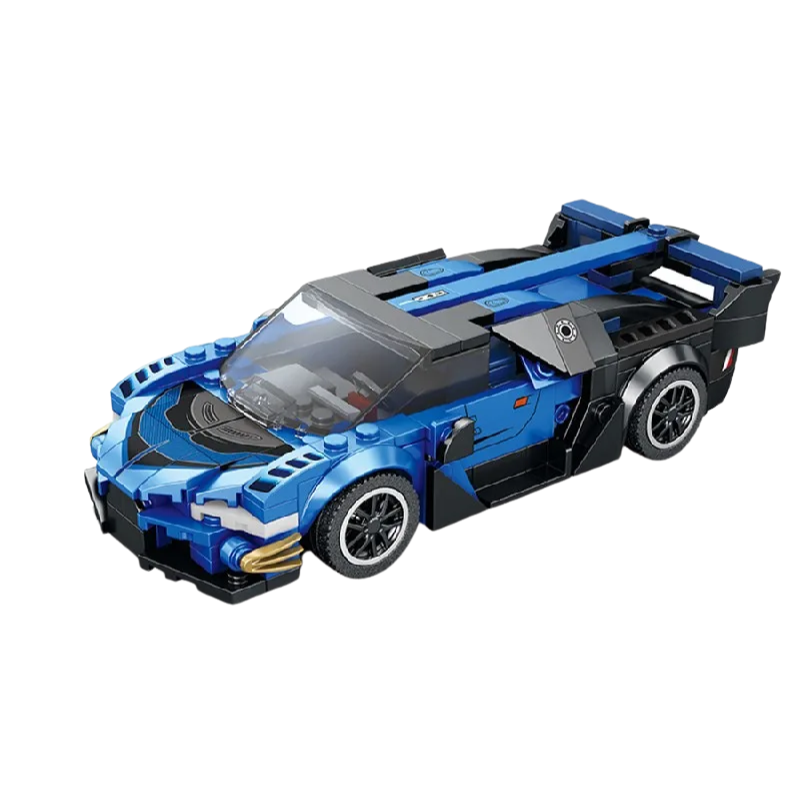 Bricks Box Supercar in bold blue, built from LEGO-style bricks with a sleek, aerodynamic design and detailed features.