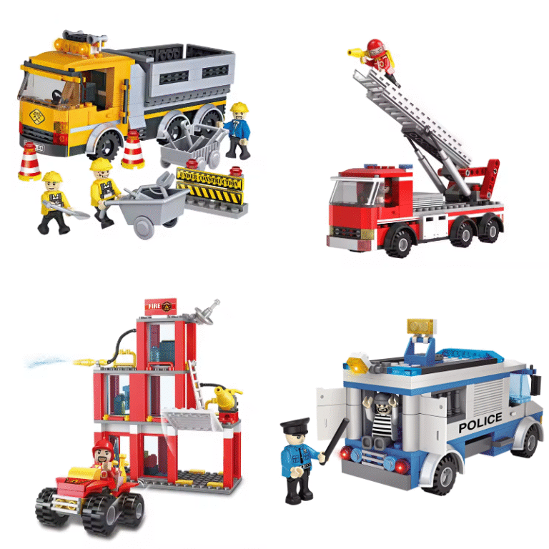 Image showing four LEGO-style Bricks Box City sets including police chase, engineering truck, rescue helicopter, and city maintenance scene.