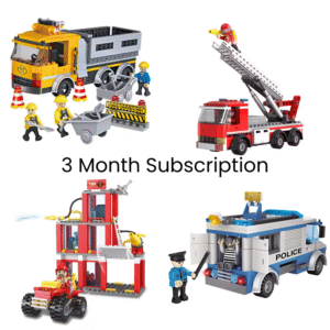 Image of several city-themed Bricks Box models including fire truck, police car, cement mixer, and tow truck, built with LEGO-compatible bricks.