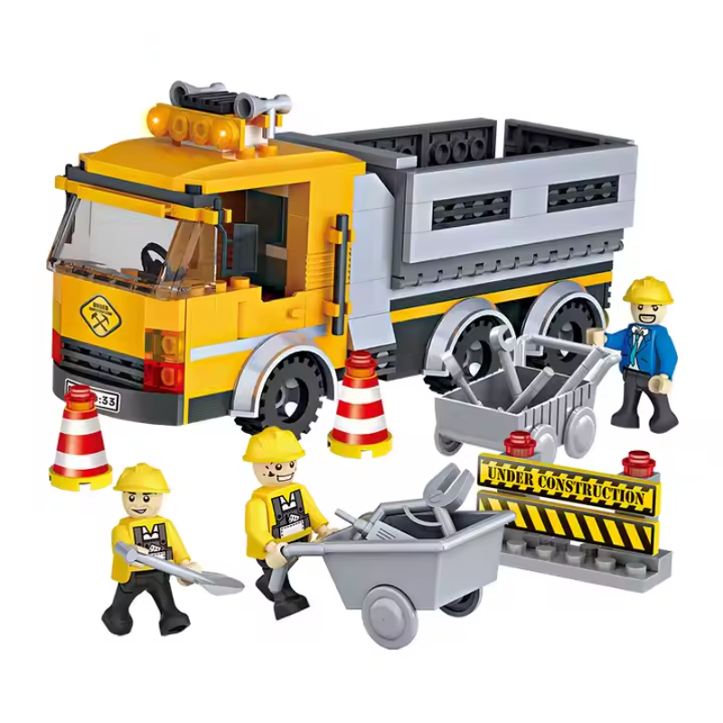 Bricks Box City engineering truck made from LEGO-style bricks, with moving parts and construction accessories.
