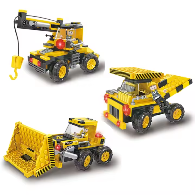 LEGO-style Bricks Creative set featuring three different construction diggers with realistic details and moving parts.