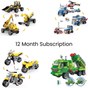 Image showing three different models built from one Bricks Box Creative set, including a robot, a buggy, and a bike, made with LEGO-compatible bricks.