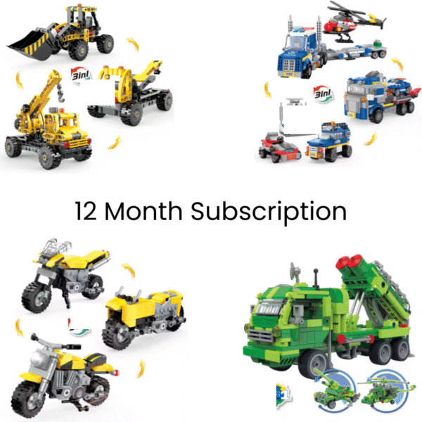 Image showing three different models built from one Bricks Box Creative set, including a robot, a buggy, and a bike, made with LEGO-compatible bricks.