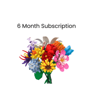Image of several brick-built flower models from the Bricks Box Flowers Subscription, showing colorful stems and petals made with LEGO-compatible bricks.