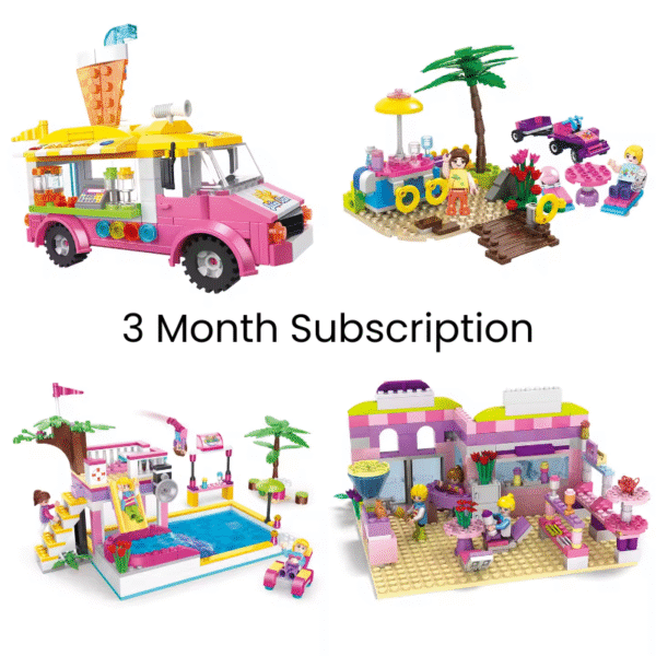 Image of colorful Bricks Box Friends models, including a pet daycare and ice cream van, built with LEGO-compatible bricks and featuring characters and accessories for imaginative play.