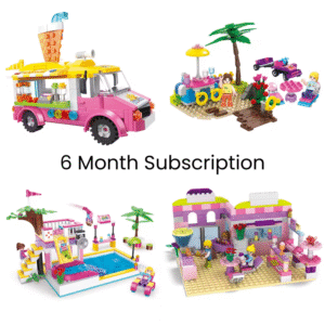 Image of colorful Bricks Box Friends models, including a pet daycare and ice cream van, built with LEGO-compatible bricks and featuring characters and accessories for imaginative play.