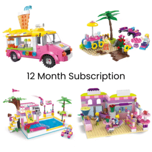Image of colorful Bricks Box Friends models, including a pet daycare and ice cream van, built with LEGO-compatible bricks and featuring characters and accessories for imaginative play.
