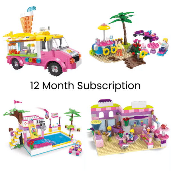 Image of colorful Bricks Box Friends models, including a pet daycare and ice cream van, built with LEGO-compatible bricks and featuring characters and accessories for imaginative play.