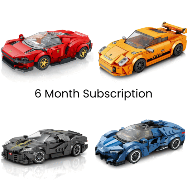Image showing four detailed brick-built Supercars from the Bricks Box 6-Month Subscription, each with unique styling and vibrant colors, compatible with LEGO and other brands.