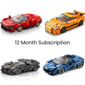 Image showing four detailed brick-built Supercars from the Bricks Box 12-Month Subscription, each with unique styling and vibrant colors, compatible with LEGO and other brands.